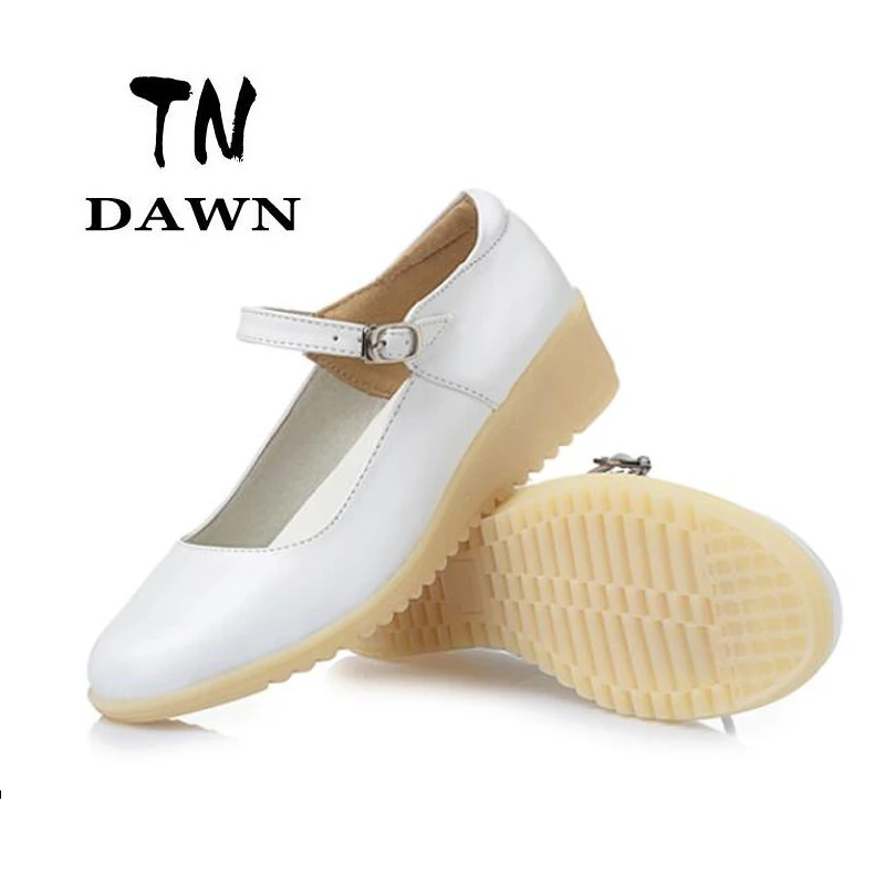 

Plus Size Breathable Non-Slip Cow Muscle Round Toe Buckle Strap Nurse Wedges Mary Jane Shoes White Single And Hollow Shoes 34-41