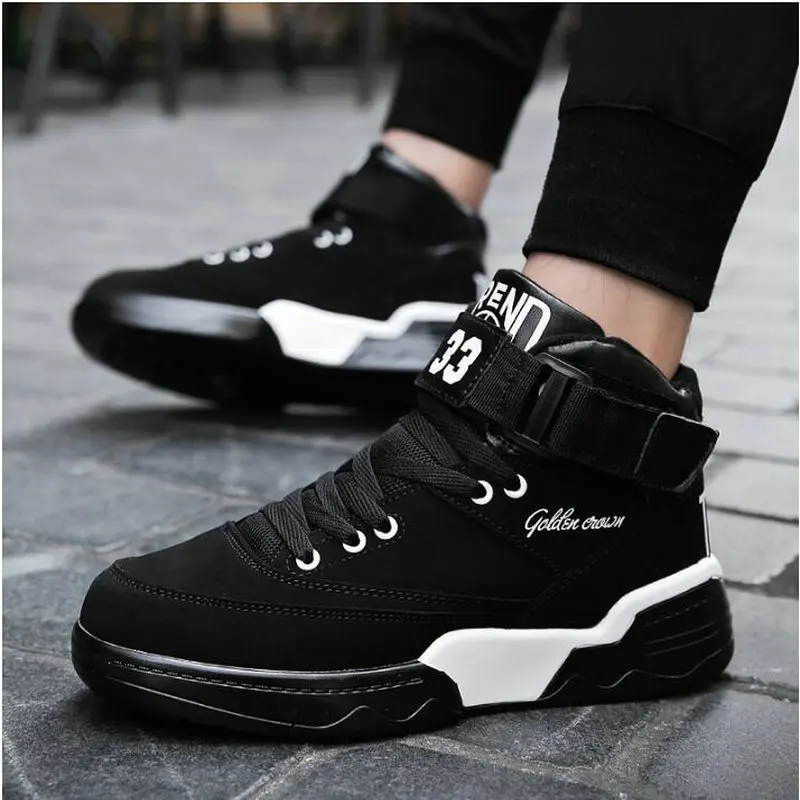 

Male Ankle Boots Shoes For Boys Hook & Loop Walking shoes White Black Men Sneakers High Top Casual Shoes Basket NN-48PB