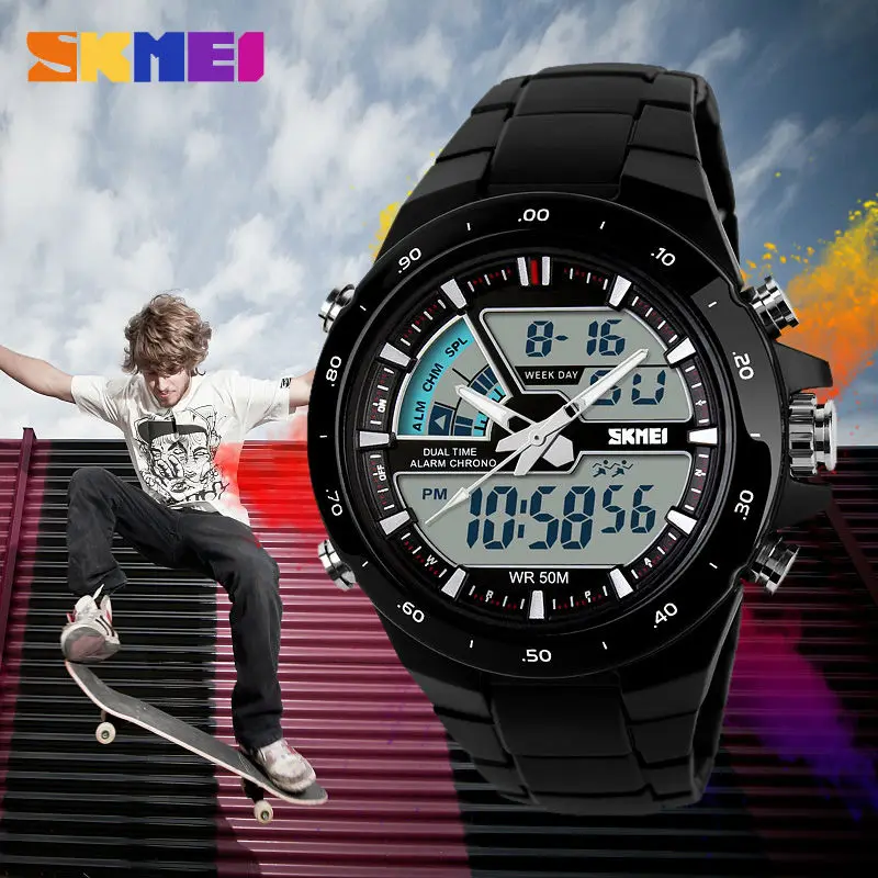 SKMEI Relogio Masculino мужские спортивные часы Модные 2 раза Chrono кварцевые часы мужские s водонепроницаемые часы с двойным дисплеем