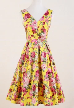 

women dress vintage floral yellower flower rose print 50's clothing women's party prom bride wedding v-neck hippie boho ropa
