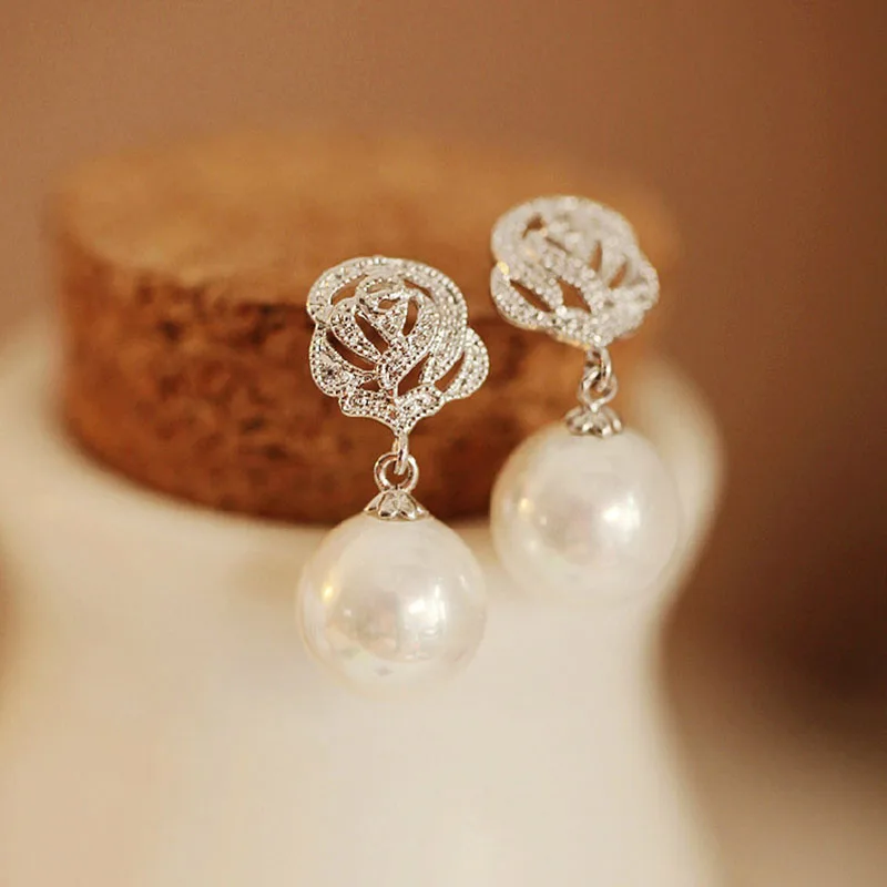 

Luxury Rose Flower Pearl Ear Stud Earrings CZ Eardrop Earrings For Women Wedding Party Jewelry Accesories