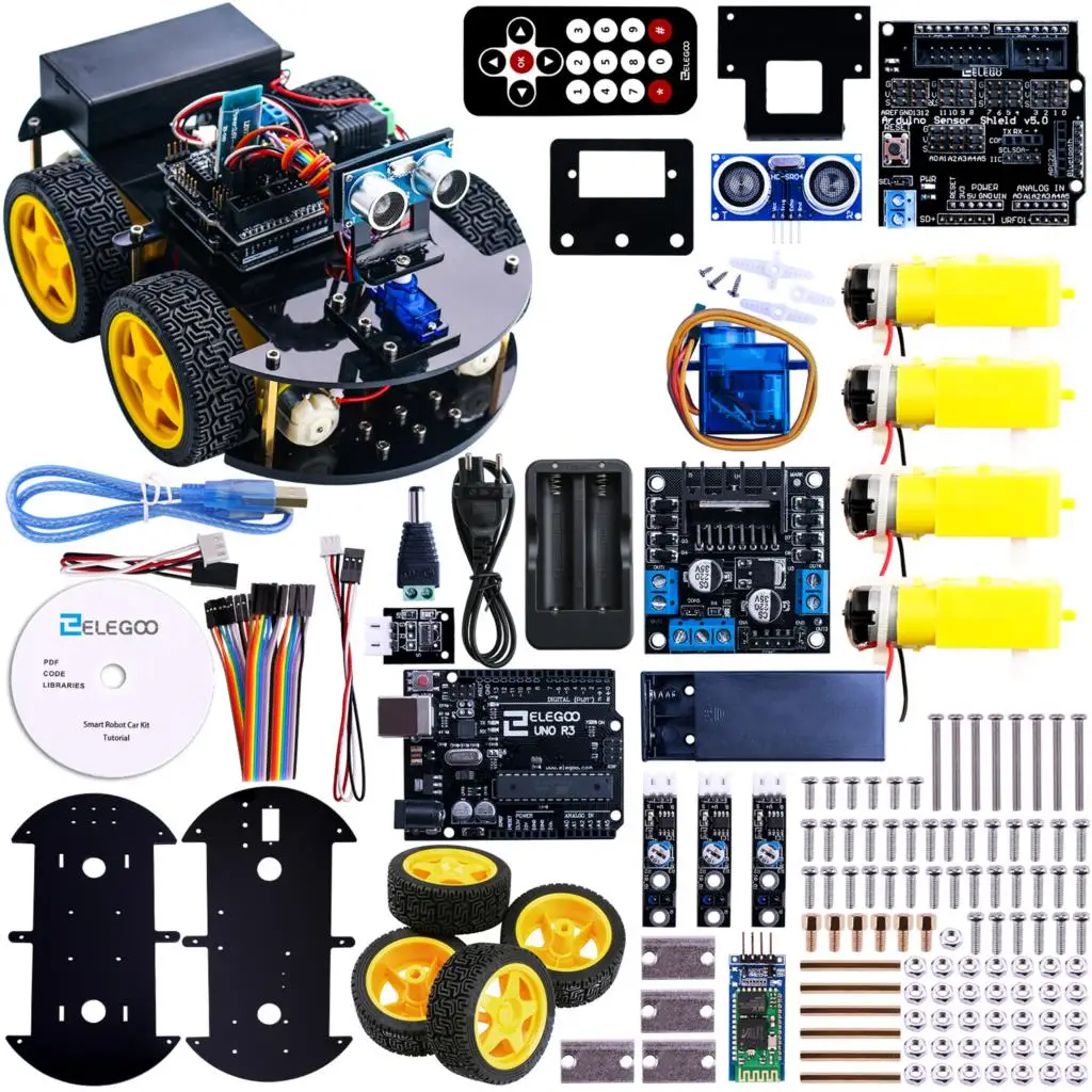 UNO Project Smart Robot Car Kit with UNO R3,Ultrasonic Sensor, Bluetooth module,ect Educational Toy Car for Arduino (Include CD)