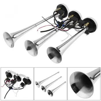 

12V / 24V 178dB Super Loud Silver three tube speaker side by side type Triple Trumpet Air Horn for Car Vehicle Truck Train Boat