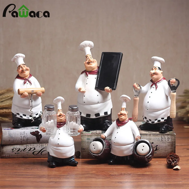 

European Retro Chef Model Ornaments Resin Crafts Mini Chef Figurines White Top Hat Cook Home Kitchen Restaurant Bar Coffee Decor