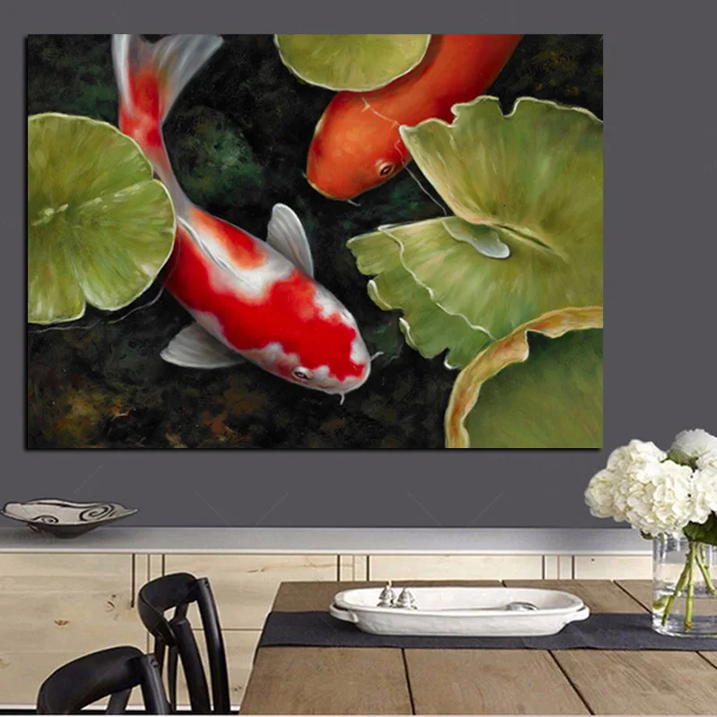 Print Chinese Koi Fish Lotus Feng Shui Animal Landscape Canvas Painting Wall Art Picture For Living Room Moder Sofa Home Decor
