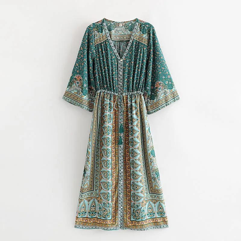 

QZ602 Women Retro Design V Neck Slim Waist Geometric Print Green Dress Wide Sleeve Bohemia Vestidos