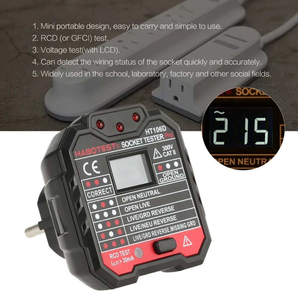 

HABOTEST HT106D Socket Testers Voltage Test Socket detector EU Plug Ground Zero Line Plug Polarity Phase Check