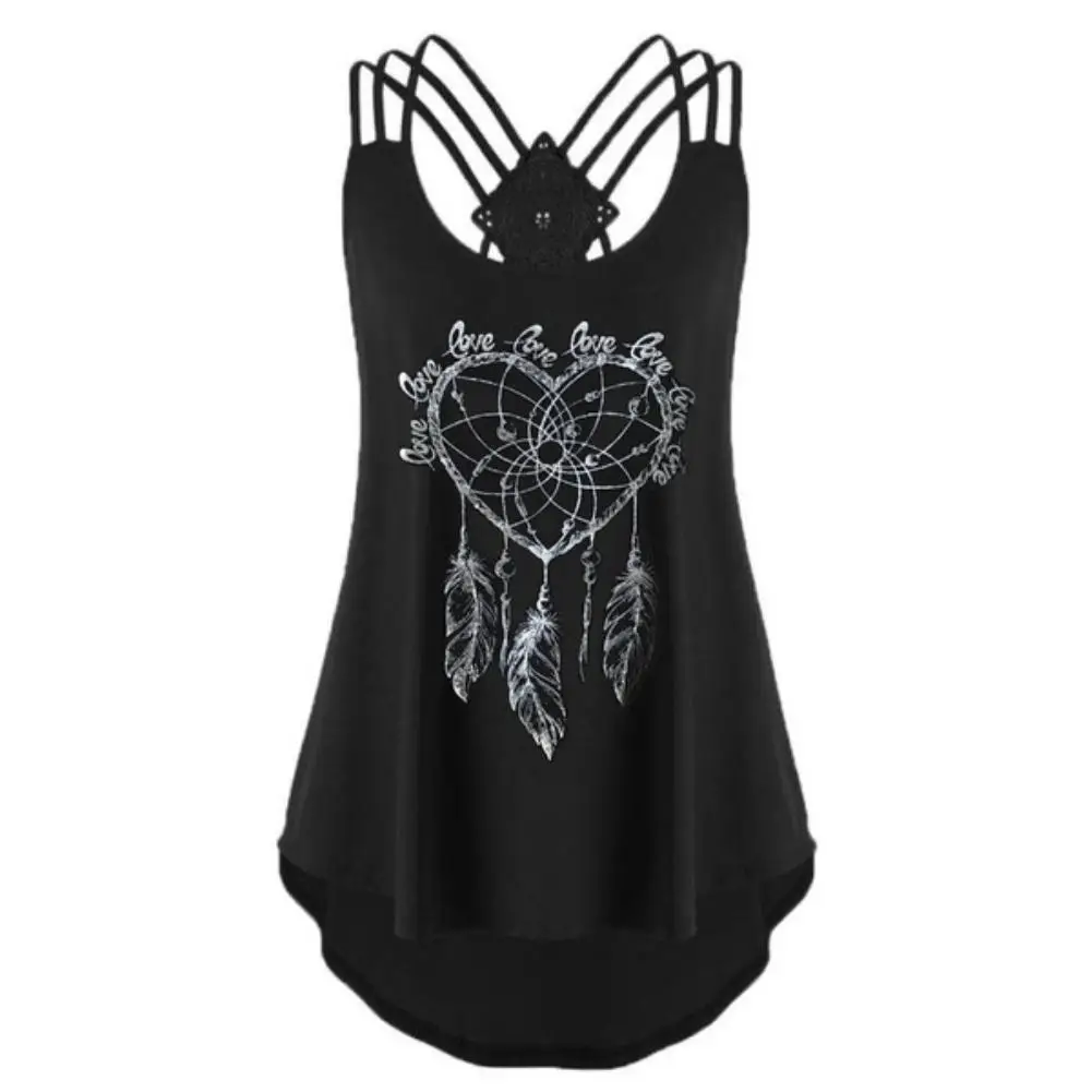 

Fashion Summer Women Casual Clothing Tops Vintage Love Heart Feather Print Sleeveless Sexy Sling Backless Loose Tank Top Vest