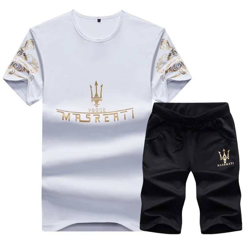 Men's Summer Men's Running Set MRSRERTI Print Short Sleeve Sports Suit Fitness Jogging Set Sport Suit Men Male Sport Wear - Цвет: white1