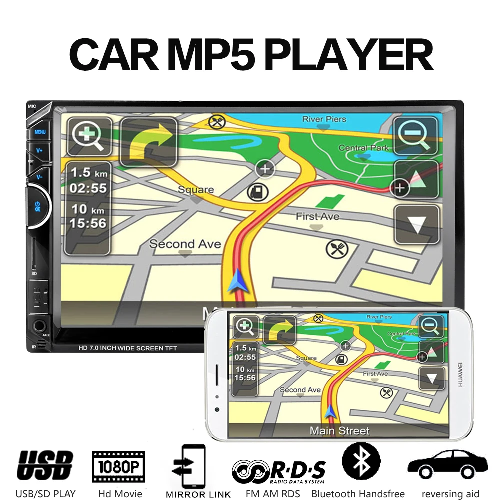 2 DIN Car Radio Player 7 HD Bluetooth Rear View Stereo FM MP4 MP5 Multimedia Video