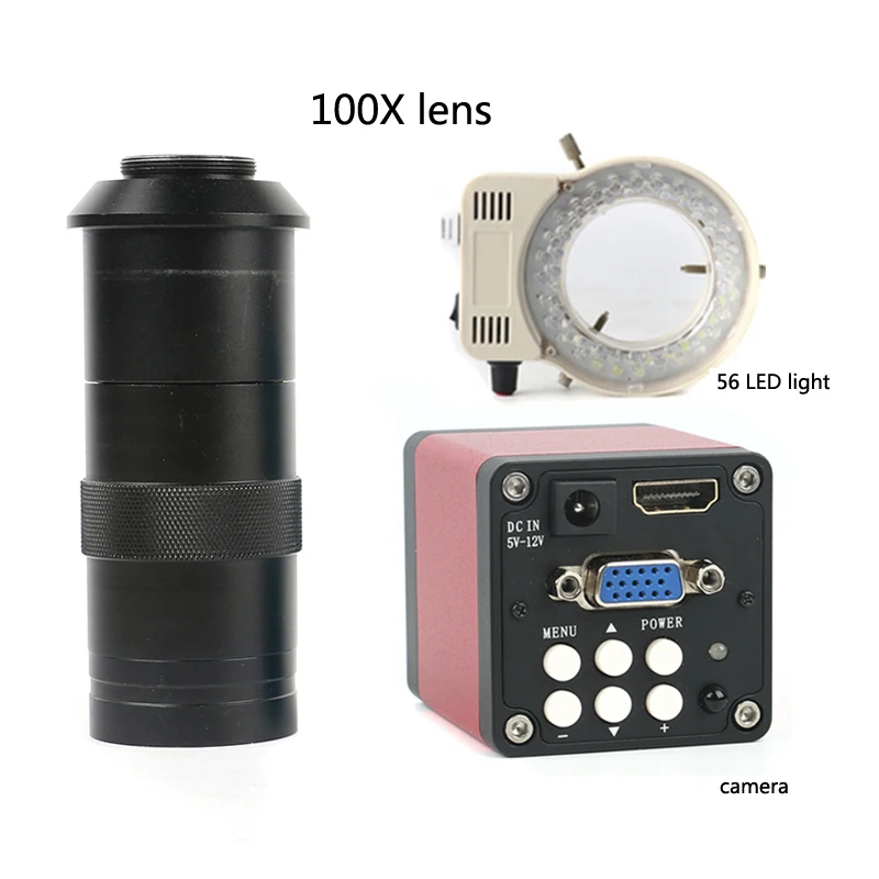 HD 13MP Industrial Microscope Camera Kit + 100X Adjustable Zoom C mount Lens + 56 LED Ring Light