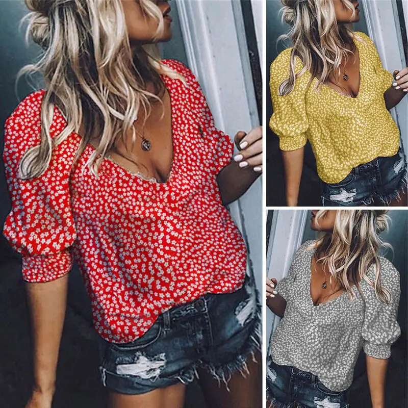 

2019 New Summer Fashion Print Wave Point Short Sleeve V-Neck Women T-Shirt Top Casual Loose Summer Women Clothing T-Shirt Tops