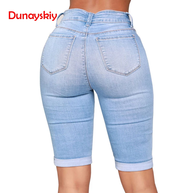 Skinny Jeans Women Middle Rise Elastic Denim Shorts Female Summer Knee Length Curvy Stretch Short Jeans Pants 2019 New Spring