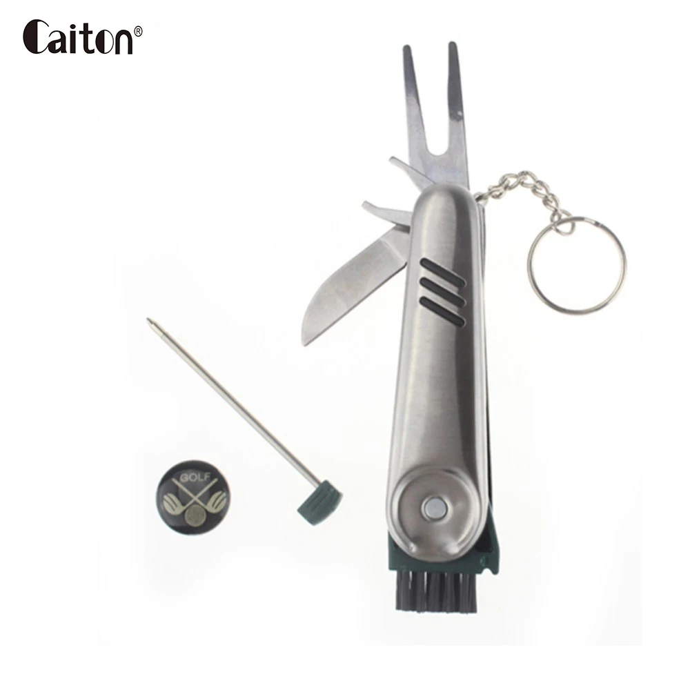 Multi-function golf tool,features a golf ball cleaner brush, ball marker, cleat tightener, club cleaner & divot repair Multi-function golf tool,features a golf ball cleaner brush, ball marker, cleat tightener, club cleaner & divot repair
