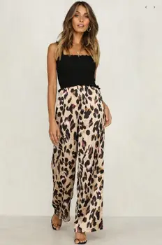 

Women Autumn Leopard Pants Casual High Waist Bandage Grain Wide Leg Long Trouser Casual Leopard Pants