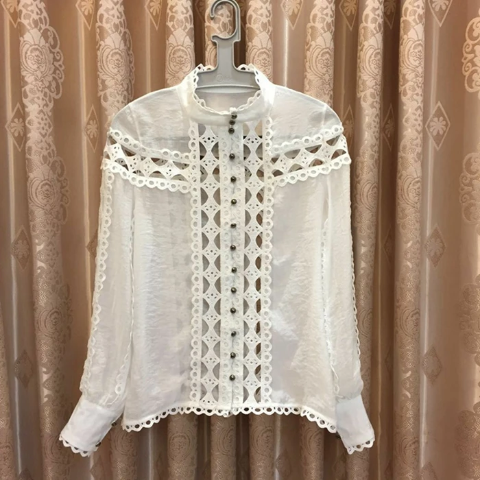 

Womens Shirts Blouse Stand Collar Long Sleeve Hollow Out Patchwork Lace Tops Female 2019 Spring Elegant Fashion