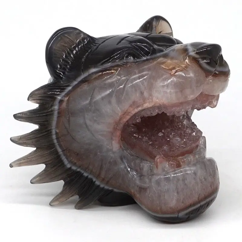 

Tiger Head Statue Reiki Healing Natural Agate Hollow Geode Carved Decor 4,09