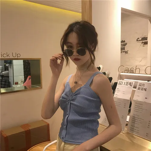

Simple Solid Button Line Sexy Sleeveless Elastic Casual All Match 2019 New Arrival Basic Female Women Tank Tops
