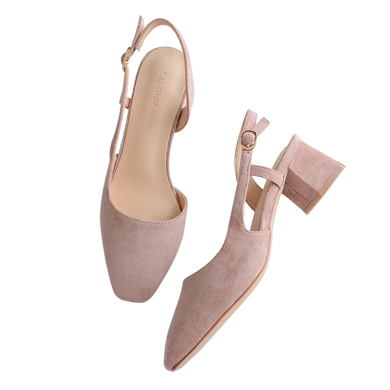 

Women's Summer Flock Square Toe Medium Square Heels Shoes Female Narrow Band Slingback Ankle Straps Casual Sweet Wedding Shoes