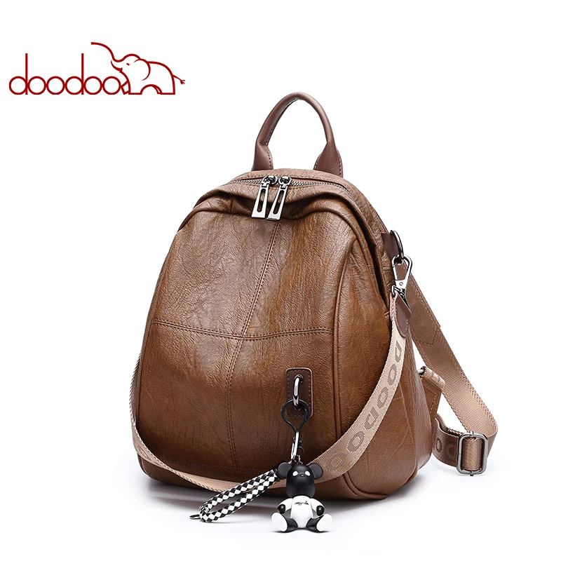 

DOODOO Brand Teen Backpack Women Bag Pu Leather Backpacks Travel Multifunctional School Bags Bear Ornaments 2018 New Back Pack