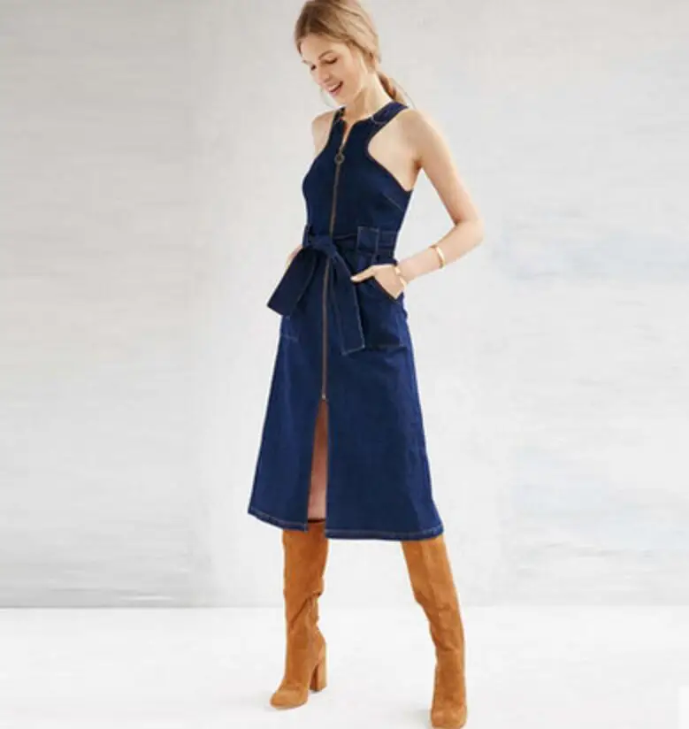 New Fashion 2018 Spring Summer sleeveless Split Drees Sexy lace-up Women denim Dress Ladies zipper jeans Dresses Vestidos w865