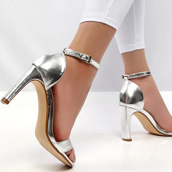 

Flattened Block Heels Womens Metallic Gold Sliver Sandals Ankle Strap Summer Dress Sandals