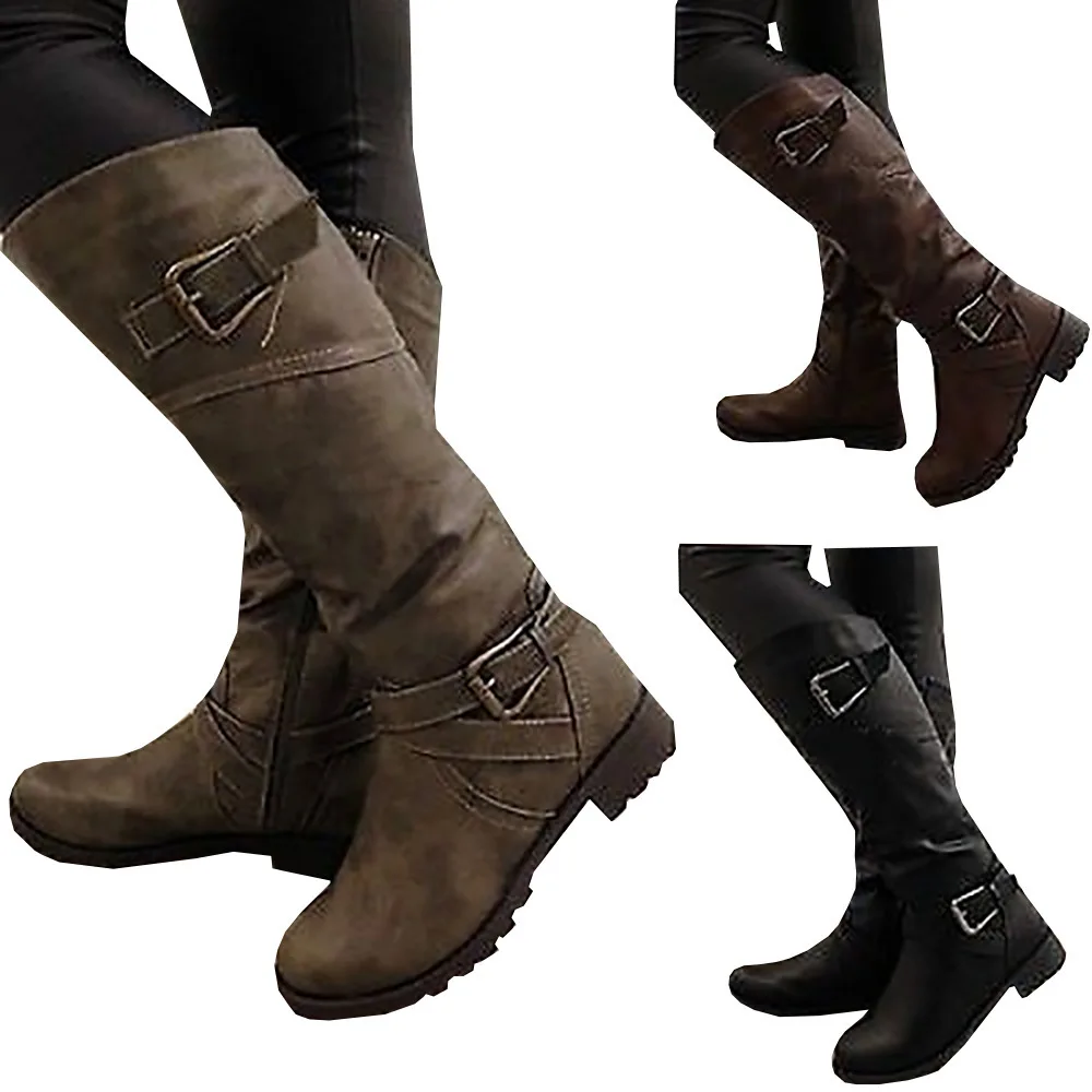 

2019 Women's boots autumn winter new Knee-High boots sleek comfort Buckle flat boots gladiator tall booties Plus Size 34-43
