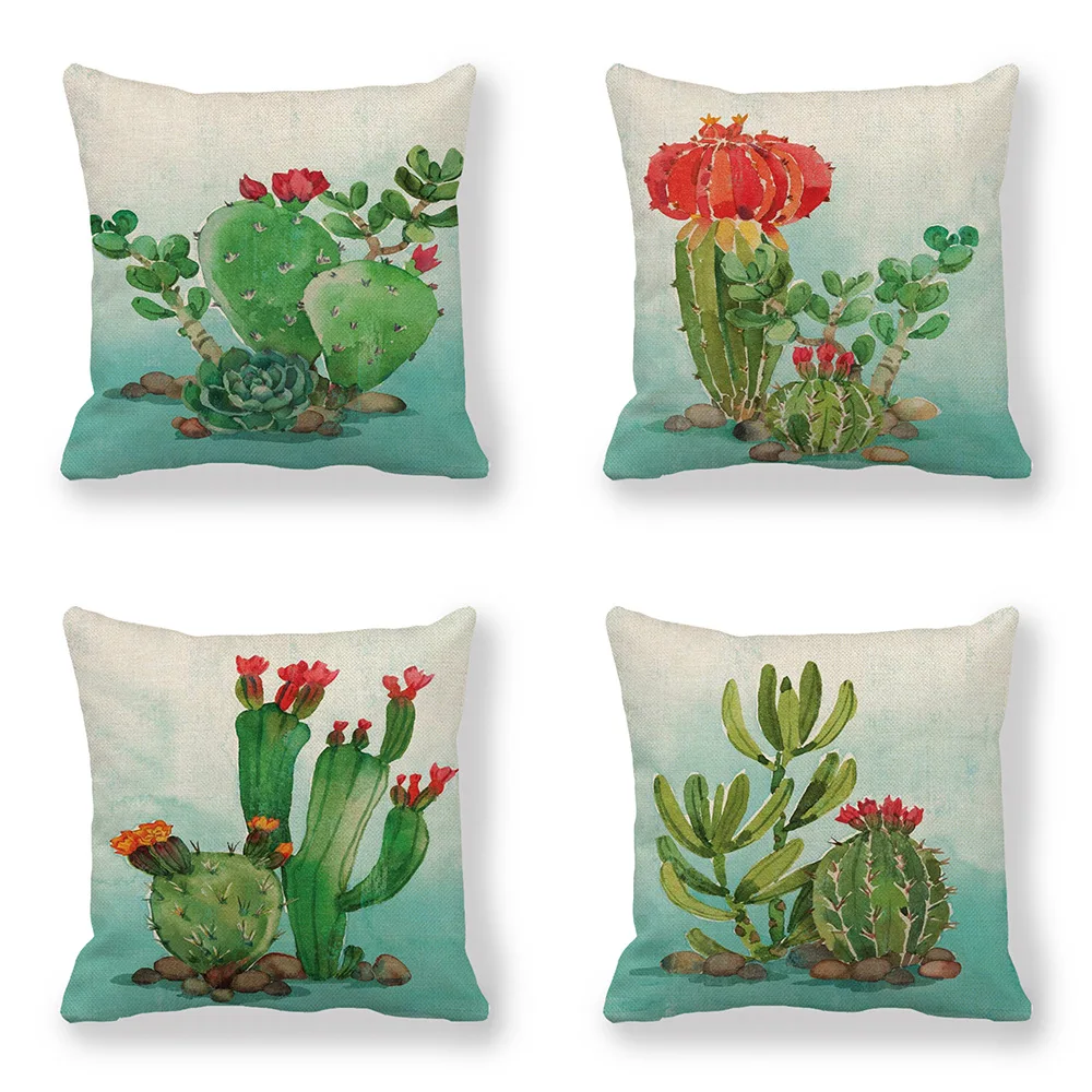 

Cactus Print Linen Cushion Cover Tropical Plants Watercolor Fresh Style Decorative Pillow Covers for Sofa Couch Seat Home Decor