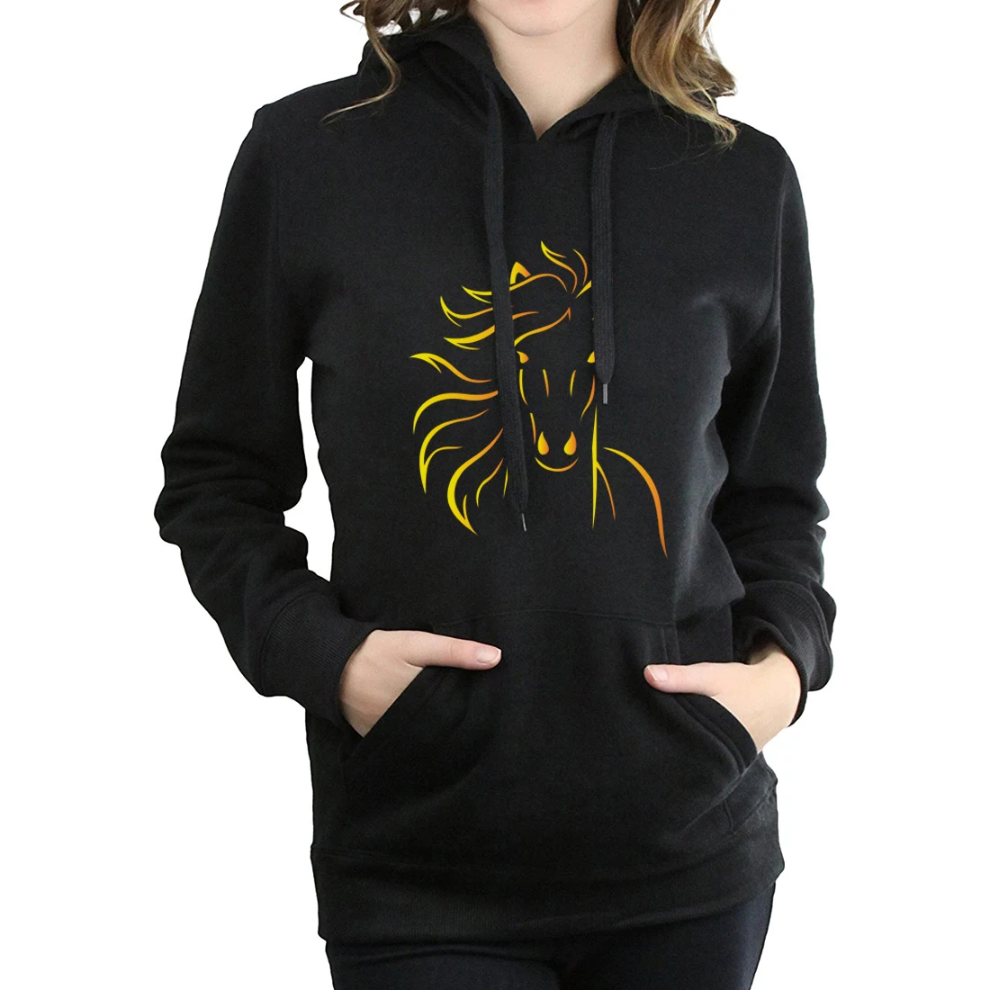 Фитнес толстовки кофты черный с капюшоном Новая мода осень зима флис пуловеры для женщин для милая лошадь печатных бренд - Цвет: black