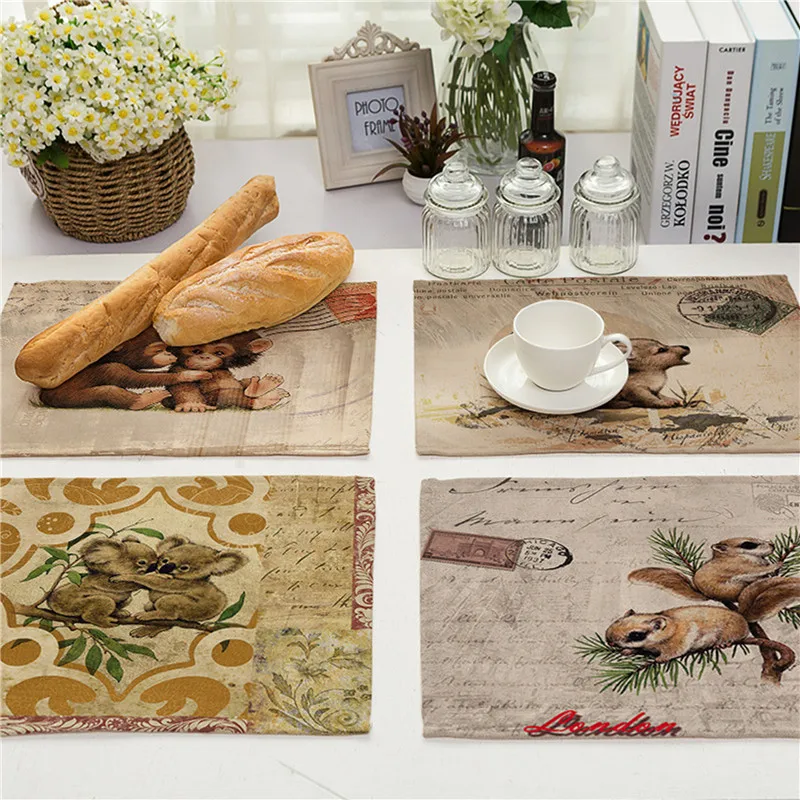 Linen Table Mats Western Bowl Pad Non-slip Animal Pattern Placemats For Dining Kitchen Decorate Table Coaster
