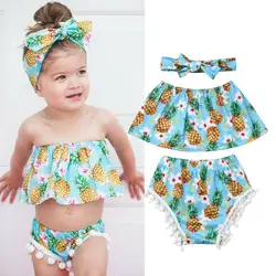 Новая летняя одежда для новорожденных девочек укороченные топы с открытыми плечами и рисунком ананаса, шорты и повязка на голову, милые