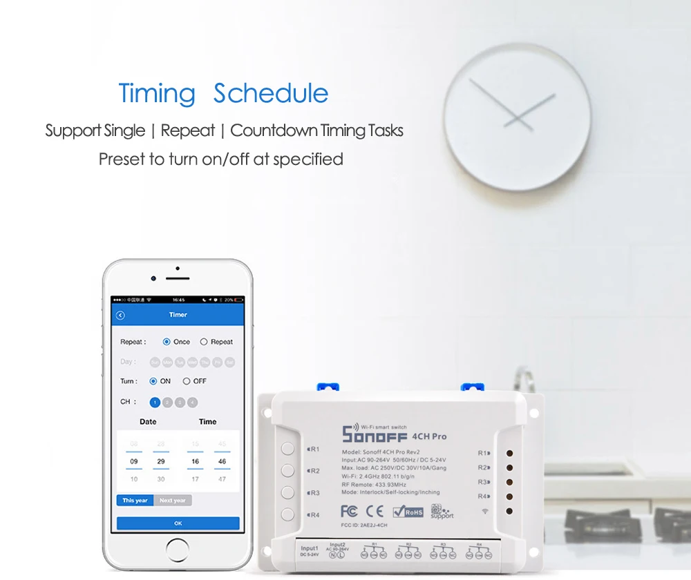 Sonoff 4CH Pro R2 умный Wifi переключатель, 4 комплекта, светильник, 433 МГц, РЧ пульт, Wi-Fi реле, приложение Ewelink с Alexa Google home