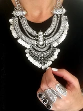 Bohemian Vintage Silver Gold Chains Gypsy Coins Tassel Choker Necklace Women Big Flower Moon Bib Statement Necklaces Jewelry