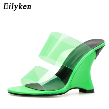 

Eilyken Fluorescent Green Women Wedge Slippers Sexy PVC Transparent Jelly Open-Toed High Heels Shoes Party Slippers Sandals