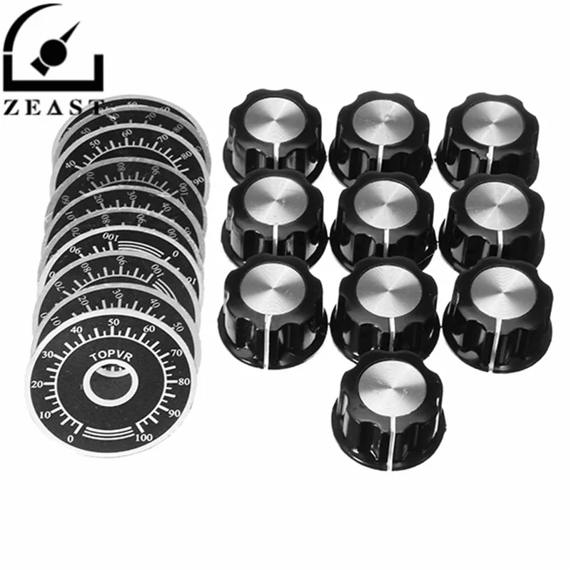 

10Pcs MF-A03 Bakelite Black Potentiometer Knob Cap Hat + 10pcs 0-100 Digital Counting Dial Scale Plate Set