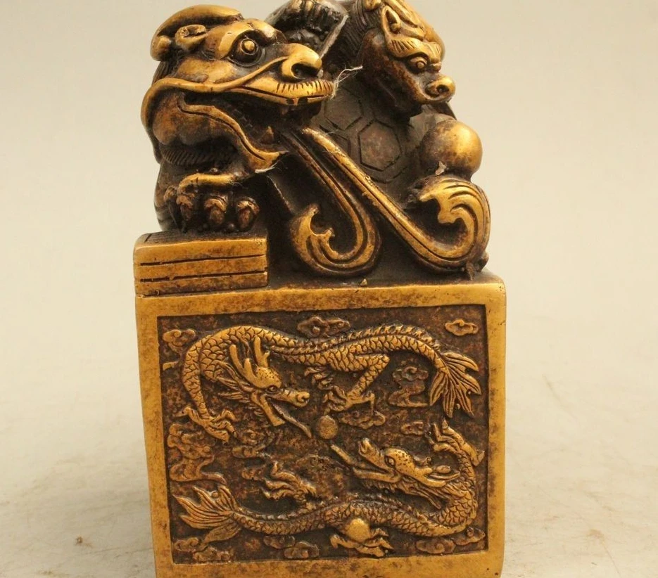 

5" China Chinese Folk Bronze Beast Dragon Play Bead seal signet Statue Sculpture
