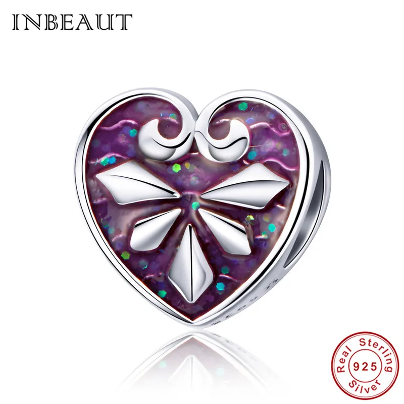 

INBEAUT 100% 925 Sterling Silver Purple Enamel Love Arrow Cute Bow Heart Shaped Charm fit Pandora Bracelet DIY Jewelry Making