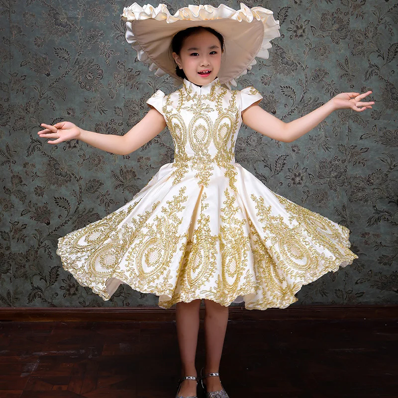 

Customized 2019 Children White Gold Appliques Rococo Baroque Party Dress Short Sleeve Stand Collar Birthday Party Costumes