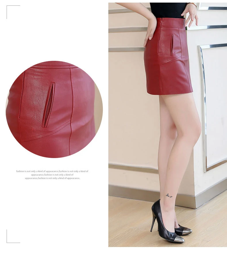 Spring Office Lady Women's Short Skirt Red Black Plus Size 4XL A-line Sexy Leather Jacket High Waist Pocket Mini Skirt