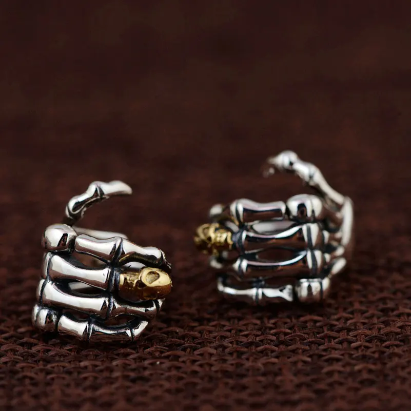 

925 Silver Stud Earrings for Women Men Jewelry Hand Punk Skull boucle d'oreille 100% S925 Sterling Silver Earring