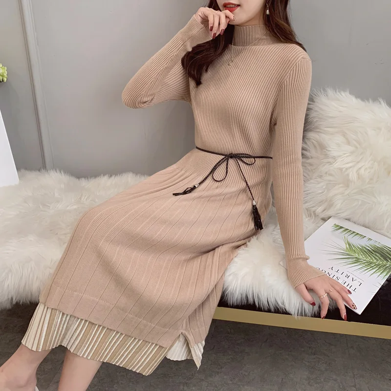 

2019 New Autumn Winter Vintage elegant dress High collar solid color stitching fake two-piece sweater knitted dress Female cc651
