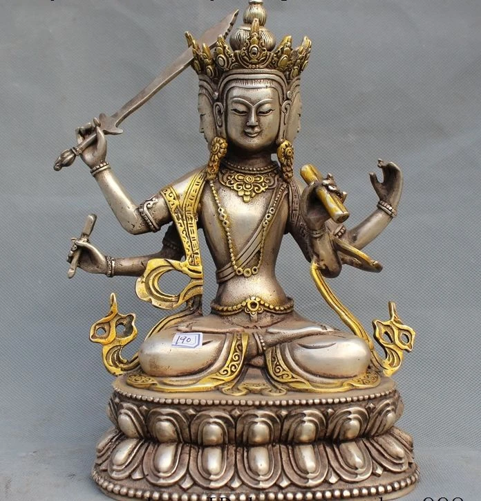 

9" Old Tibet buddhism Fane silver 3 head 4 arms kwan-yin GuanYin buddha statue