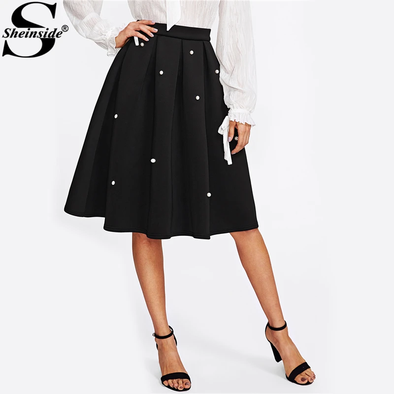 

Sheinside Pearl Embellished Boxed Pleated Circle Skirts Women Black Knee Length Elegant Skirt OL Ladies Work Wear Flared Skirt