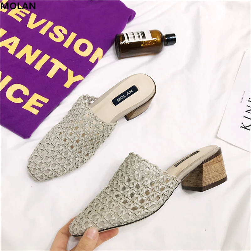 

MOLAN Brand Designers 2018 Summer Hole Hollow Slippers Woman Med Heels Lady Pumps Slip On Loafers Breathable Sandals Flip Flops