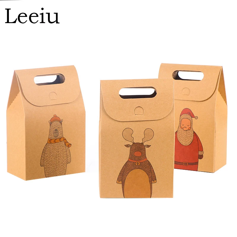 

Leeiu 6 Pcs Kraft Paper Christmas Decoration Candy Gift Box Handbag Cookies Packing Bag Merry Xmas Party Favors