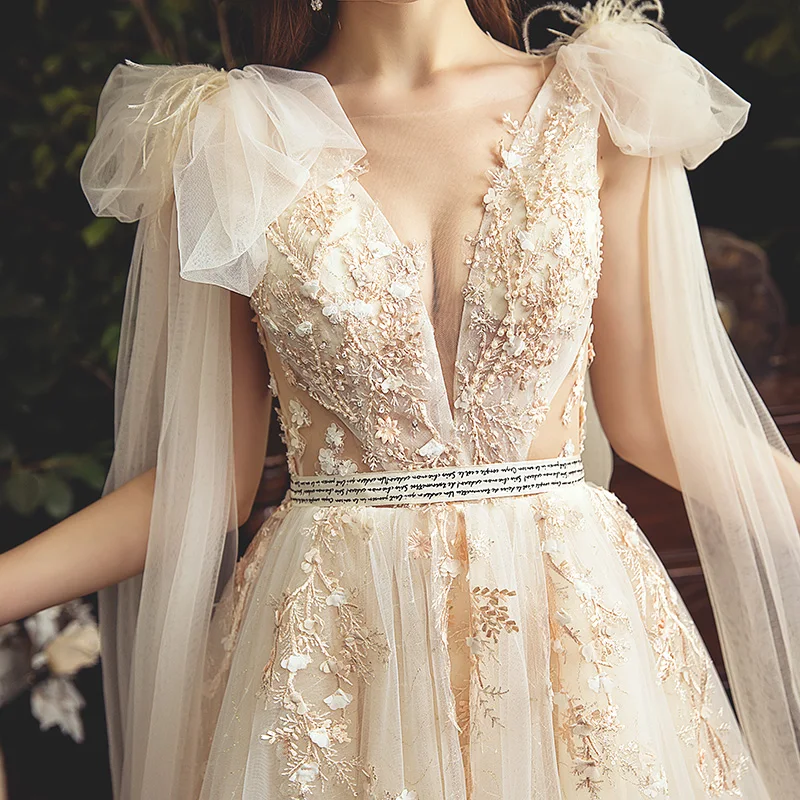 Женское вечернее платье со шлейфом SSYFashion, роскошное бальное платье с цветочным кружевом, для свадебных торжеств и выпускного вечера, индивидуальный пошив