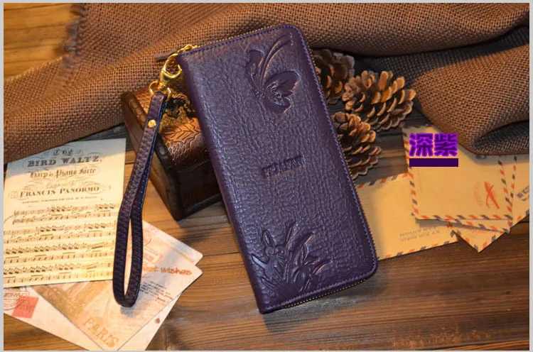 Базовый женский клатч из натуральной кожи, монета, зажим для денег, браслет, ручная сумка бумажник, тисненая молния вокруг длинного кошелька - Цвет: 1016 Purple