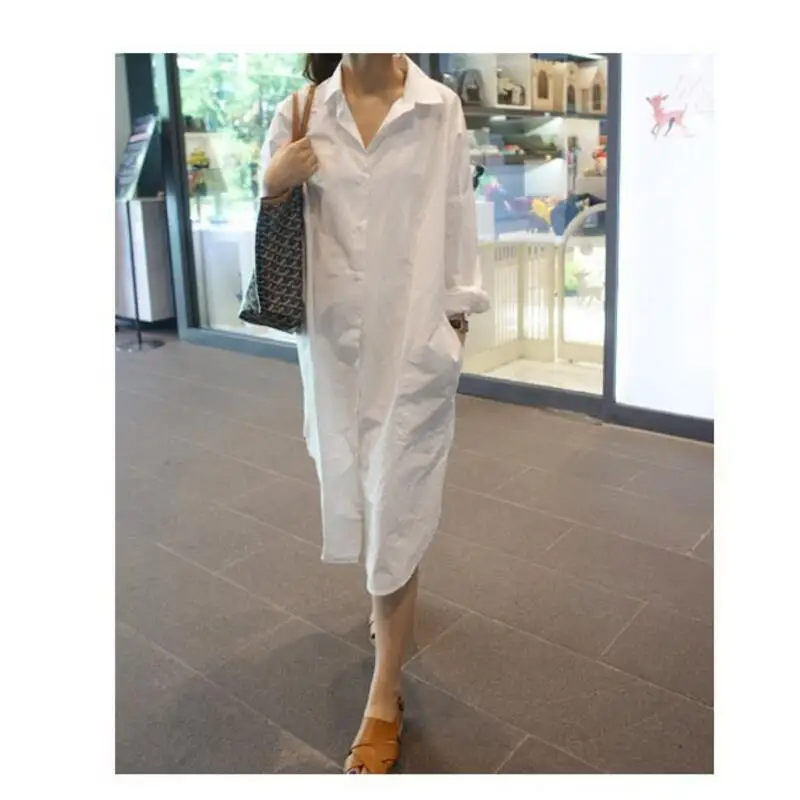 Women elegant super long white shirts Female long sleeve turn down
