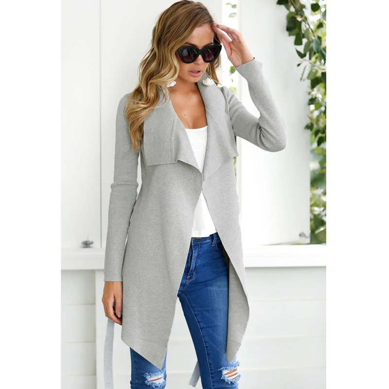 LOSSKY Autumn Women Casual Slim Asymmetric Length Open Stitch V Neck Lace Up Trench Elegant Outerwear 2018 New Cardigan Overcoat