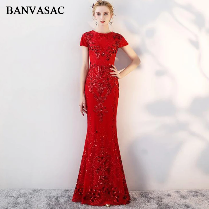 

BANVASAC 2018 Elegant O Neck Sequined Mermaid Long Evening Dresses Lace Appliques Short Cap Sleeve Party Prom Gowns
